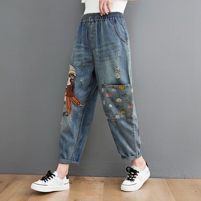 Cartoon Embroidered Patchwork Vintage Jeans