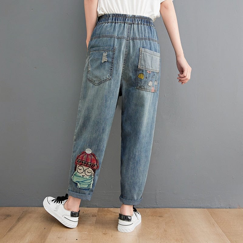 Cartoon Embroidered Patchwork Vintage Jeans