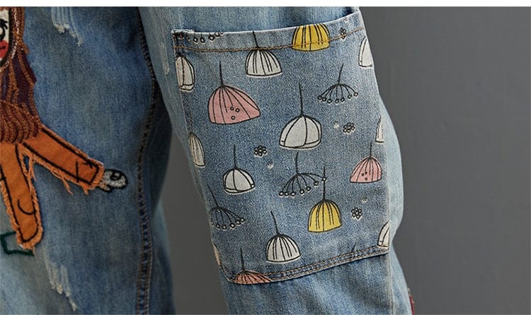 Cartoon Embroidered Patchwork Vintage Jeans