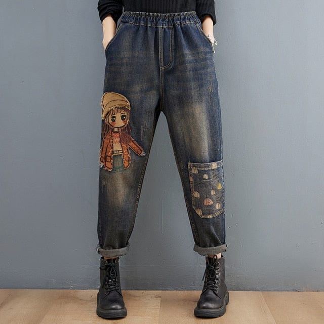 Cartoon Embroidered Patchwork Vintage Jeans