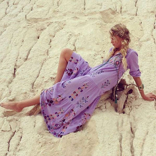 Boho Inspired Floral Embroidered Maxi Dress