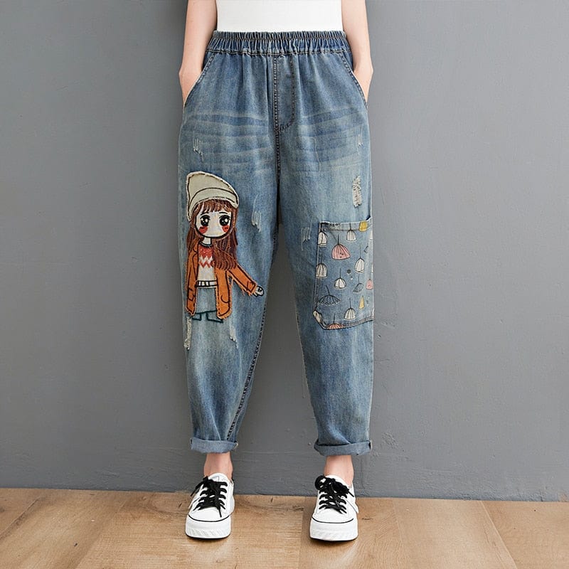 Cartoon Embroidered Patchwork Vintage Jeans