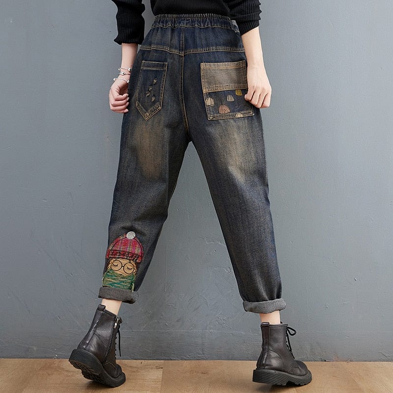 Cartoon Embroidered Patchwork Vintage Jeans