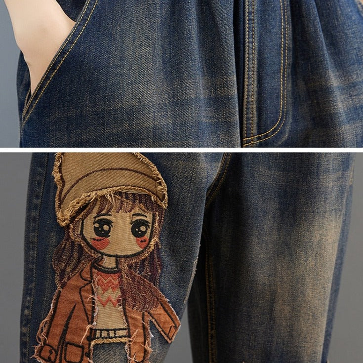 Cartoon Embroidered Patchwork Vintage Jeans